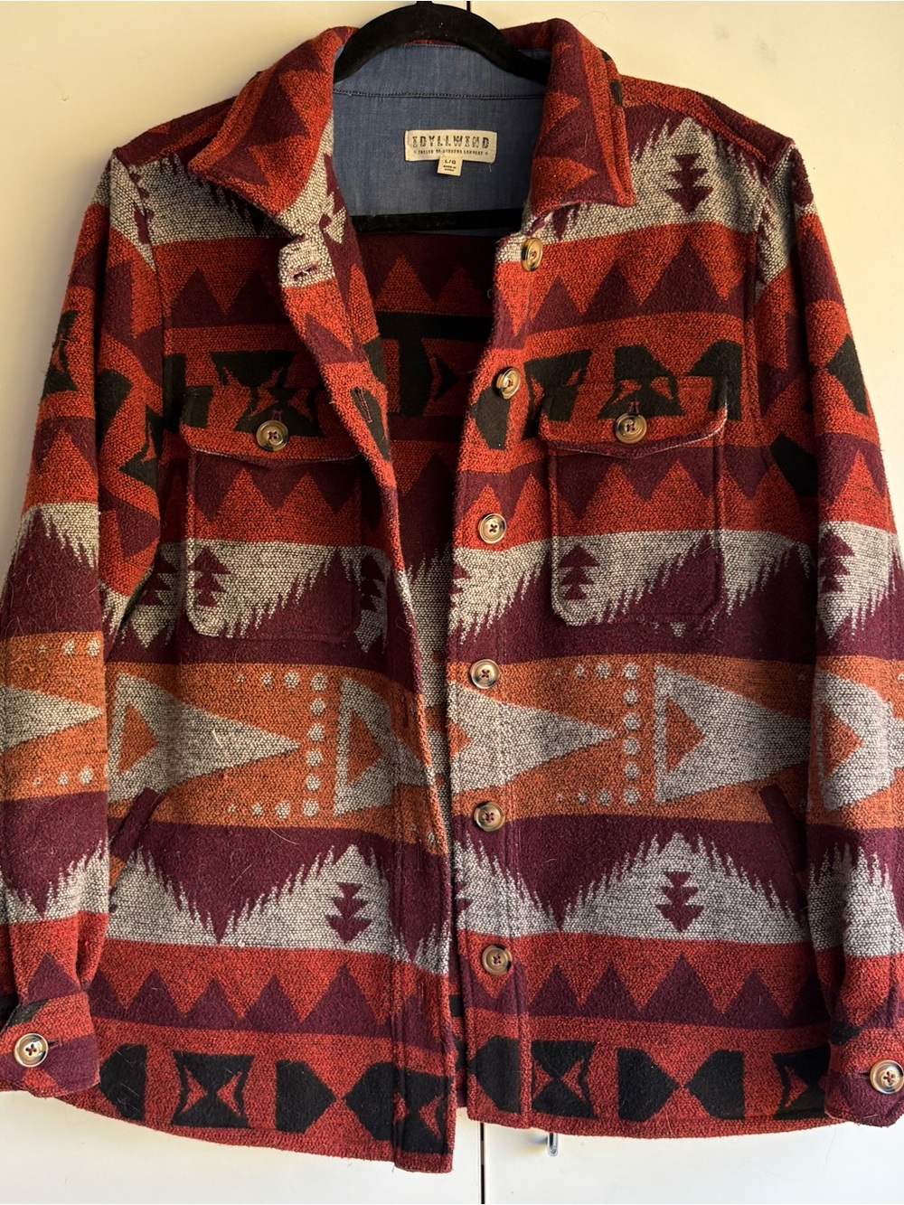 Idyllwind Dark Red, Orange, & Black Southwest Patterned Button-Up Jacket (sz L)